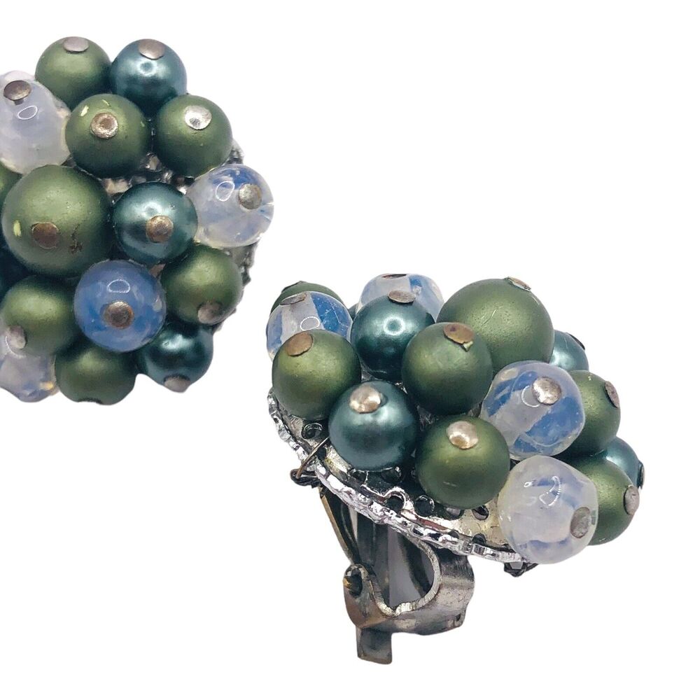 Vintage Japan Green Cluster Beads Silver Tone Clip On Earrings Jelly Belly Matte